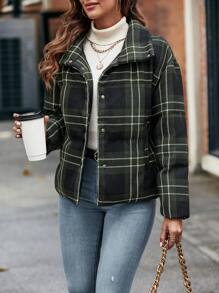 SHEIN LUNE Áo khoác đệm có khóa kéo ve áo đơn giản cho nữ mùa đông - Màu xanh lá cây đậm - Xem 5