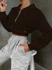 SHEIN Unity Solid Color Drop Shoulder Half Zipper Hooded Sweatshirt With Drawstring - Rust Brown - View 3