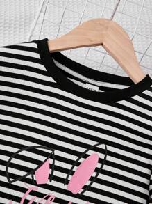SHEIN Cô gái Dệt kim Mẫu thỏ Vòng cổ Sọc quần yếm Đầm giản dị - Đen và trắng - Xem 4