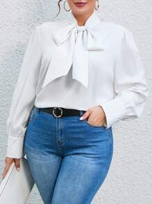 SHEIN Privé Plus Size Tie Neck Long Sleeve Shirt - White - View 4
