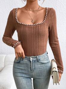 SHEIN Privé Của phụ nữ Kết cườm Trang trí Cổ vuông Sọc Áo thun - màu nâu - Xem 1