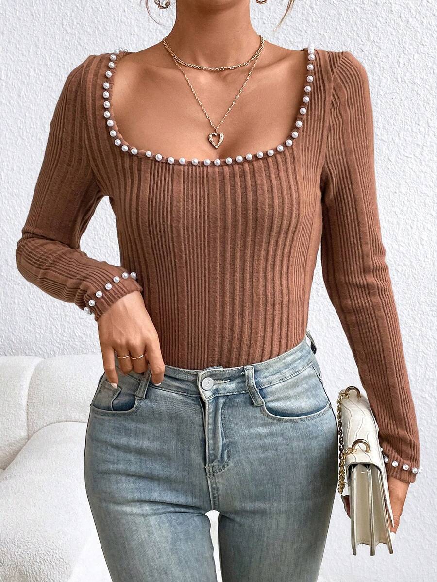 SHEIN Privé Của phụ nữ Kết cườm Trang trí Cổ vuông Sọc Áo thun - màu nâu - Xem 1