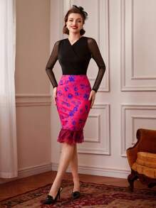 Vintamour 女士花卉印花网眼撞色半身裙 - 彩色 - 查看 6