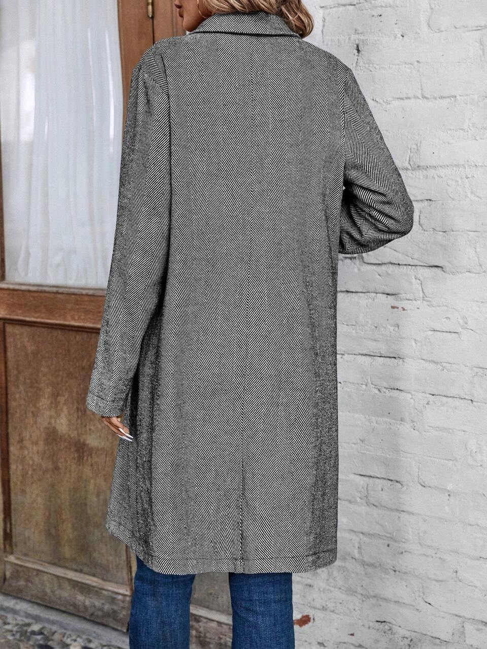 Women's Herringbone Pattern Notched Lapel Double Breasted Fashion Woolen Coat Fall Cloth For Women