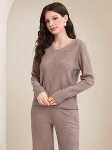 Mulvari Của phụ nữ Màu thuần Áo len Hai chiếc Bộ - Màu Khaki - Xem 5