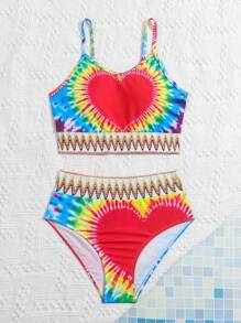 Conjunto de bikini con estampado de corazón tie-dye para niña preadolescente, verano playa - Multicolor - Ver 3