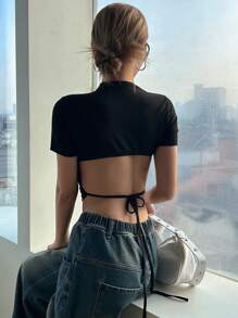 DAZY 女式后背带短袖T恤外出上衣邮轮女装、露背上衣、短款上衣 - 黑色 - 查看 1