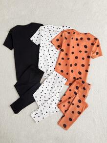 SHEIN 3入組適合青少年女孩的針織純色波點圓領上衣和緊身褲家居服套裝 - 彩色 - 查看 2