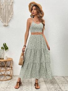 SHEIN VCAY 女士花卉印花cami上衣和襯褶邊短裙套裝 - 綠色 - 查看 4