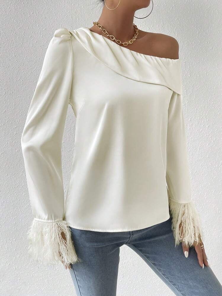 Asymmetrical Shoulder Satin Fringed Long Sleeve Shirt