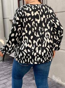 SHEIN LUNE 大尺碼女士豹紋燈籠袖襯衫 - 黑與白 - 查看 2