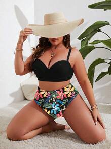 SHEIN Swim Curve 夏季海滩大码纯色胸罩和印花比基尼套装