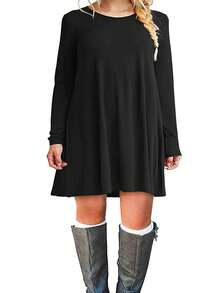 Plus Size Solid Color Long Sleeve Short Dress - Black - View 4