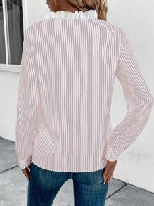 SHEIN Essnce Ladies' Pink Striped Shirt With Lace Trimmed Collar - Pink - View 2