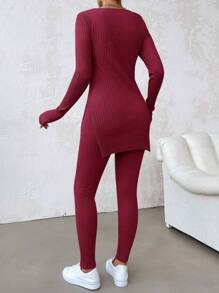 EURMUSE Ladies' Solid Color Round Neck Ribbbed Slit Hem T-Shirt And Skinny Pants Set - Burgundy - View 2