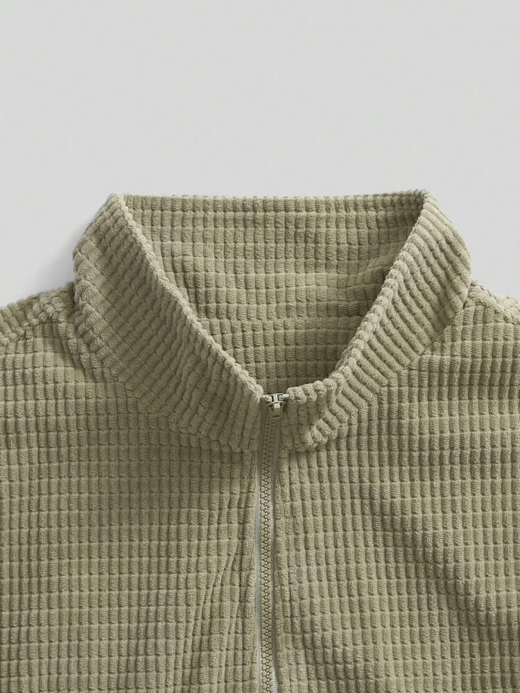 Men's Loose Fit Solid Textured Zip Up Jacket