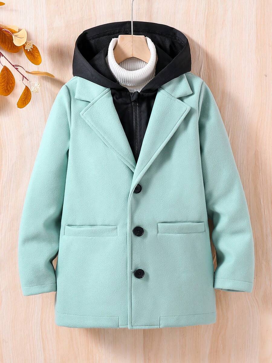 SHEIN Tween Boy Warm 2 In 1 Hooded Overcoat, Mid-Long Length, Suitable For Daily Wear - Green - View 1