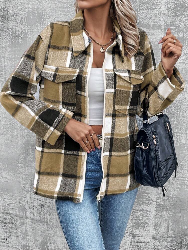 Women's Plaid Drop Shoulder Woolen Jacket Fall Cloth For Women