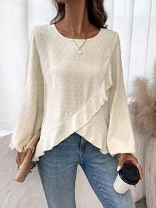 SHEIN LUNE 女背紐扣荷葉邊下擺襯衫 - 杏色 - 查看 5