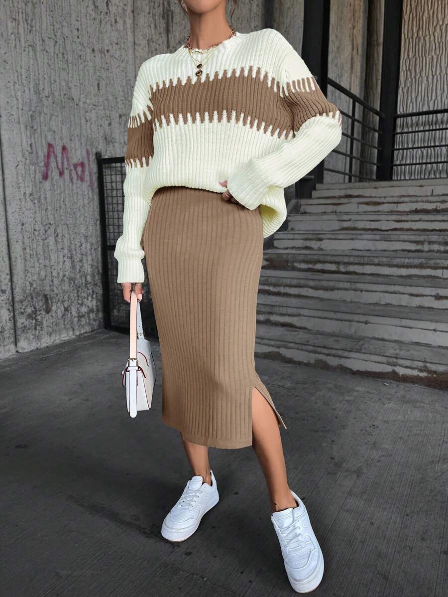 EURMUSE color block spalle cadenti Maglione & orlo a fessura Gonna in maglia - Cammello - Visualizzare 1