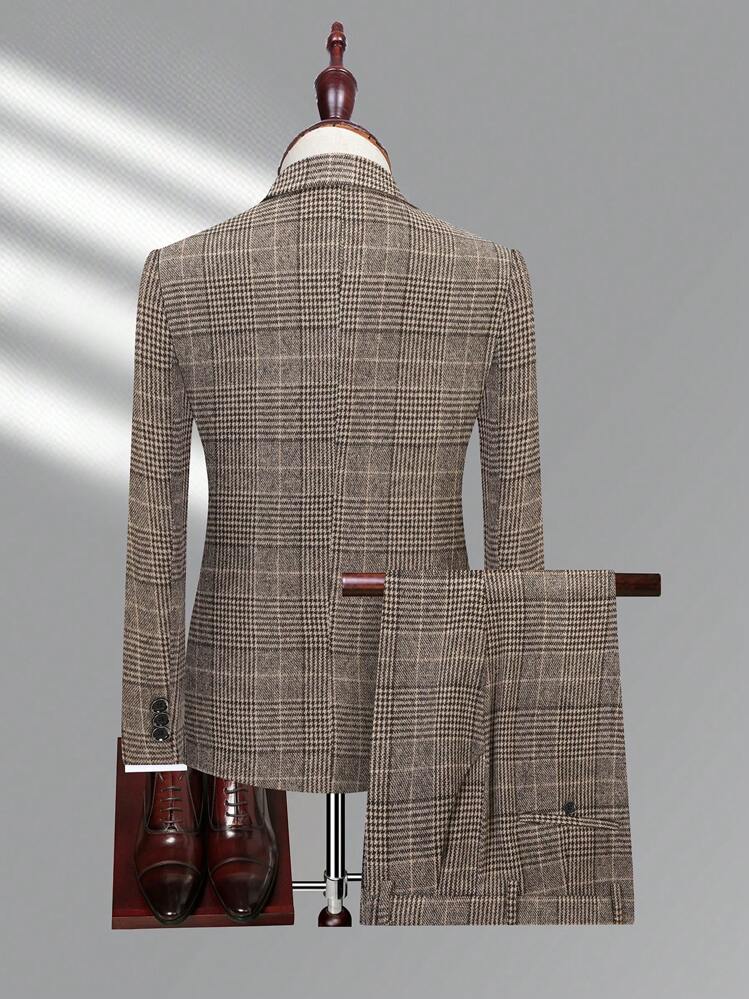 Manfinity Mode Men's Plaid Suit Collar Suit, Old Money Style - Coffee Brown - View 2