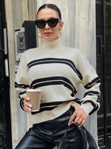 EURMUSE Striped Pattern Turtleneck Drop Shoulder Sweater - Black and White - View 5