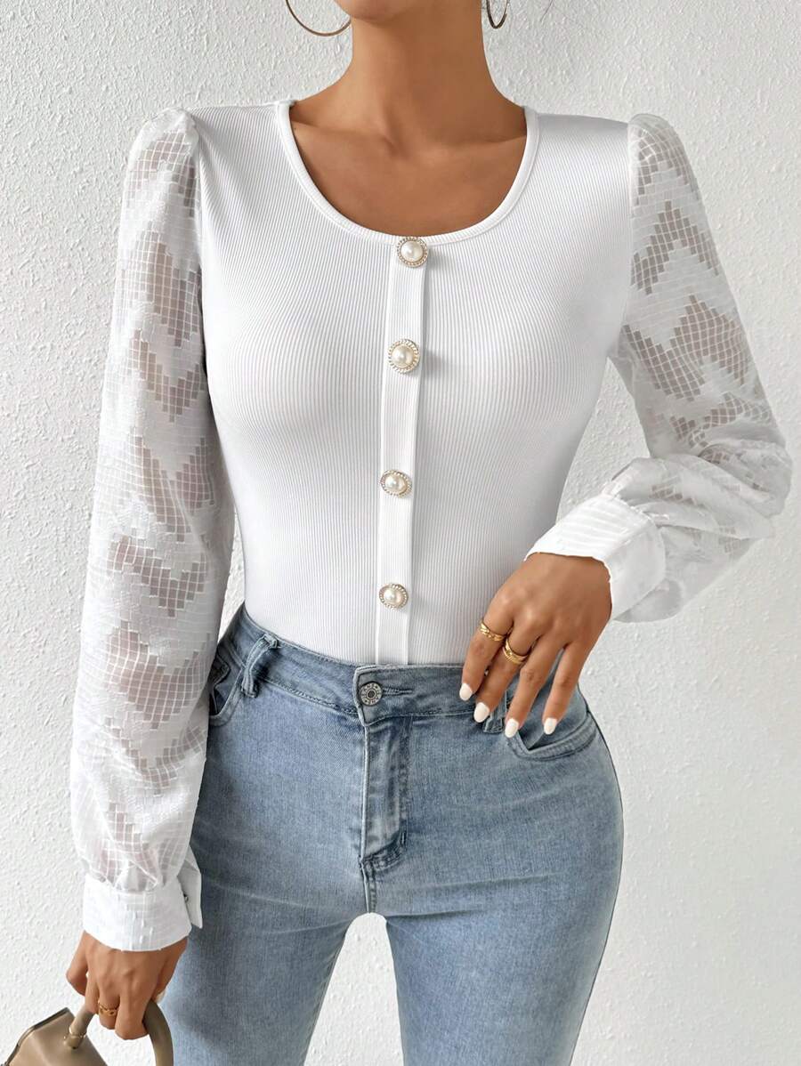 SHEIN Privé Vòng cổ mỏng Nối Của phụ nữ Áo - trắng - Xem 1