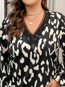 SHEIN LUNE 大尺碼女士豹紋燈籠袖襯衫 - 黑與白 - 查看 4