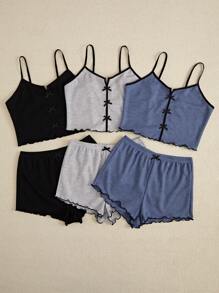 3 件套女士蝴蝶结装饰吊带背心和短裤套装，3 色家居服休闲家居服