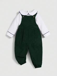 SHEIN Baby Boys' Peter Pan Collar Top With Overalls And Long Pants Set - Multicolor - View 1