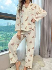 Ladies Bear Print Long Sleeve Top Long Pants Pajama Set - Apricot - View 4
