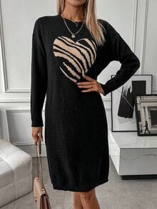 SHEIN LUNE Women's Zebra Pattern Heart Shaped Round Neck Casual Sweater Dress - Black - View 4