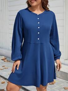 SHEIN LUNE 女士實色a型大碼連衣裙 - 藍色 - 查看 3