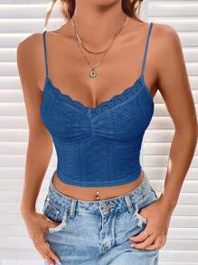 SHEIN EZwear Dệt kim Cami ngọn Với Mảnh Lace - Màu xanh lam - Xem 3