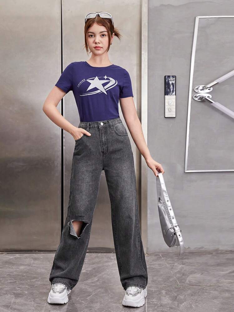 Casual Teenage Girls' Elastic-free Ripped Jeans With Wide Leg
