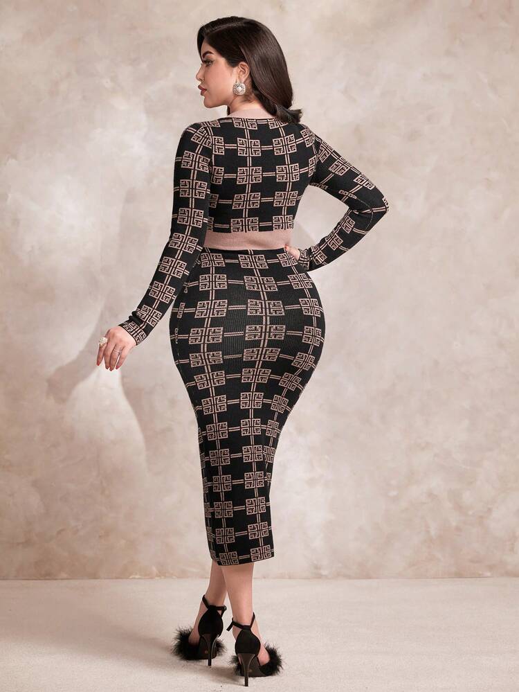 Printed High Waisted Bodycon Sweater Dress With Long Sleeves