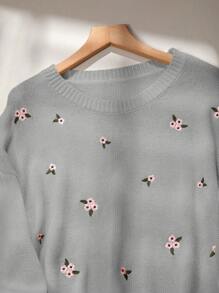 Chiquease Women's Floral Embroidery Drop Shoulder Sweater - Light Grey - View 3