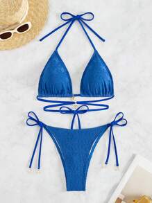 SHEIN Swim Summer Ladies' Halter Neck Bikini Set - Blue - View 5