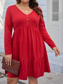 SHEIN LUNE Plus Size V-neck Ruffled Long-sleeve Dress