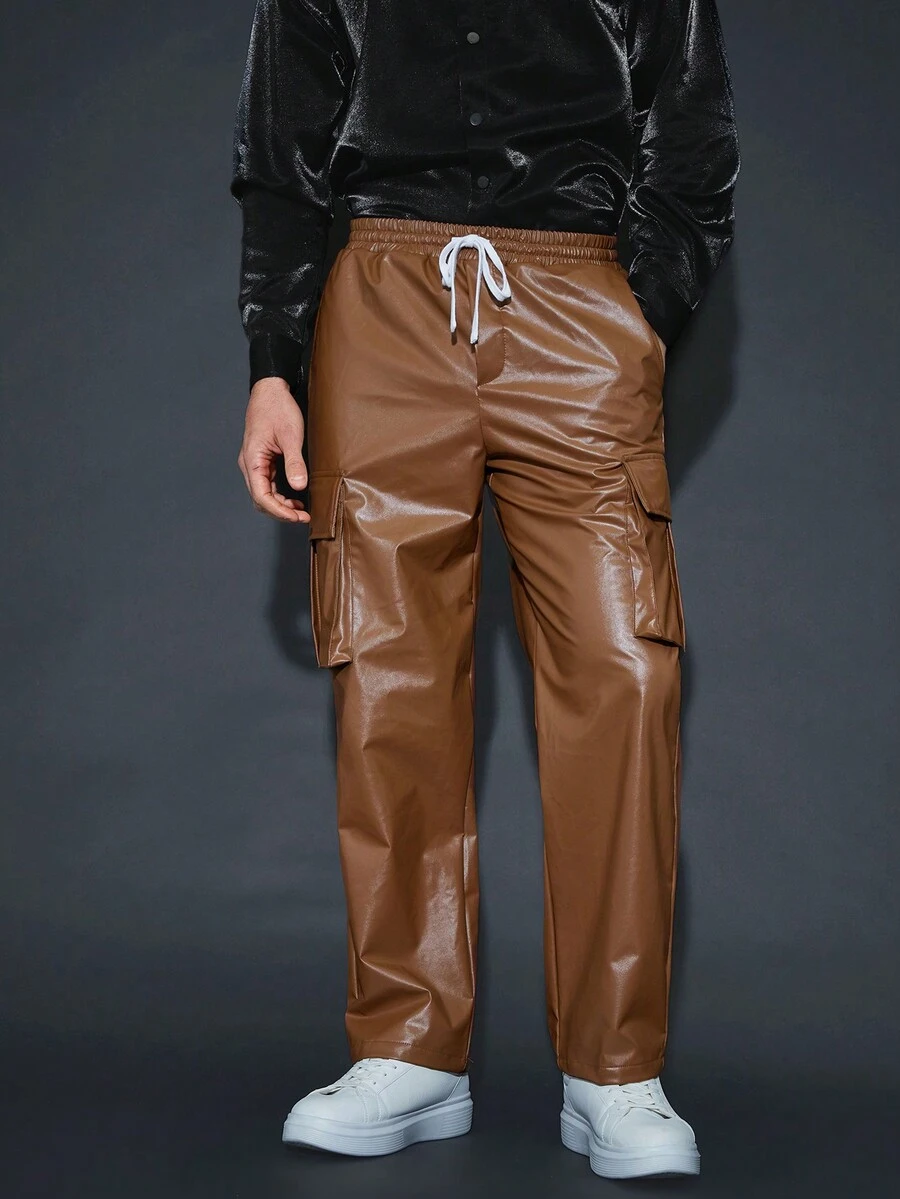 Manfinity RebelGame 男士束口褲腰帶,袋蓋口褲長褲 - 棕色 - 查看 1