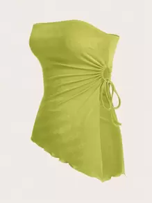 SHEIN EZwear Blusa de punto sin tirantes con dobladillo asimétrico y cordón - Verde Oliva - Ver 3