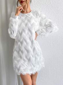 SHEIN Privé Của phụ nữ Viền tua Tay áo dài Đầm - trắng - Xem 4