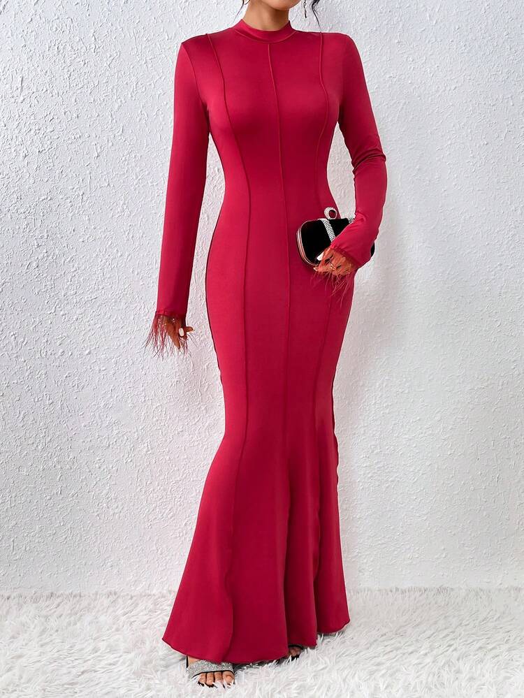 Elegant Hollow Out Back & Feathers Spliced Sleeve Cuff Women's Bodycon Dress Fall Cloth For Women