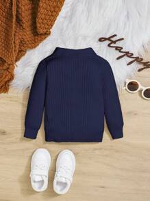 SHEIN Em bé Con trai Lỏng lẻo Phù hợp Áo len Với Sọc Hem Và Cổ tay áo - Xanh đậm - Xem 2