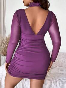 Celure 女式大尺碼性感鏤空交叉掛脖百褶緊身連身裙 - 紫羅蘭色 - 查看 2
