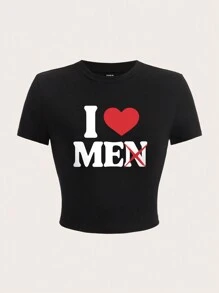 SHEIN EZwear تي شيرت قصير الأكمام بياقة مستديرة مطبوع عليه رسوم كرتونية بسيطة وعادية للنساء، مناسب للربيع والصيف "أنا أحب الرجال" - الأسود - مشاهدة 1