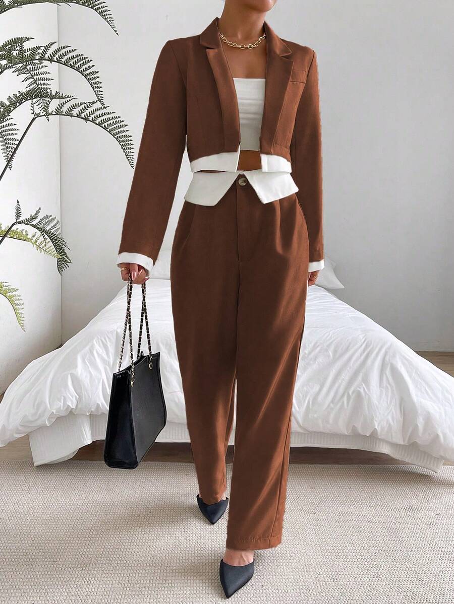 SHEIN Privé 女性時尚單色拼接套裝