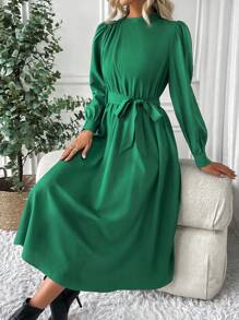 Chiquease Women's Round Neck Puff Sleeve Drop Waist Dress - Green - View 3