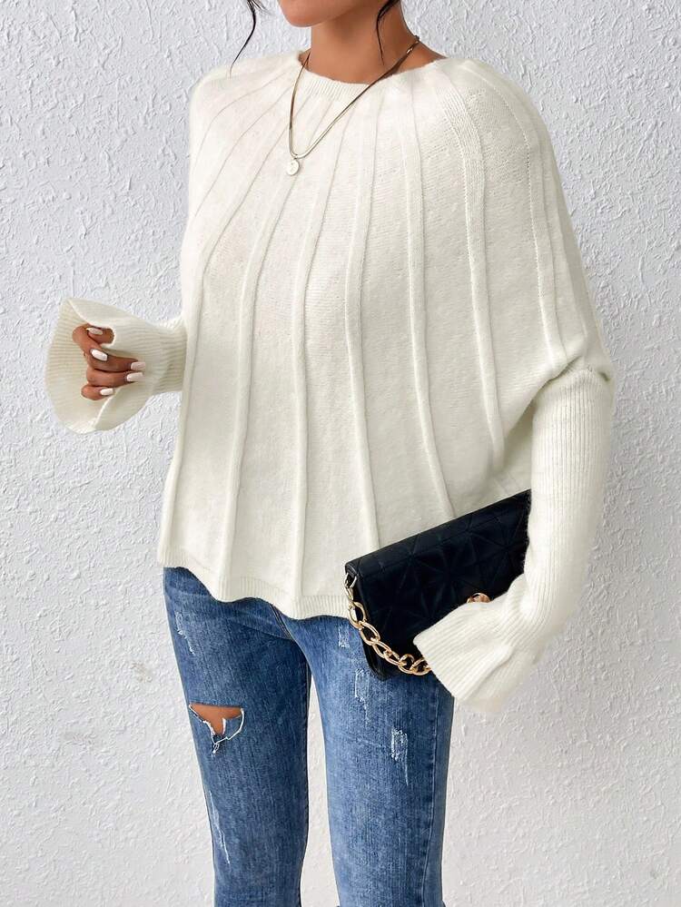 White Ruffle Hem Knit Pullover Fall Winter Sweater