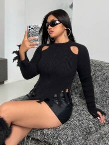 SHEIN ICON Plus Size Women's Vintage Distressed Hollow Out Zip-front Cardigan - Black - View 5
